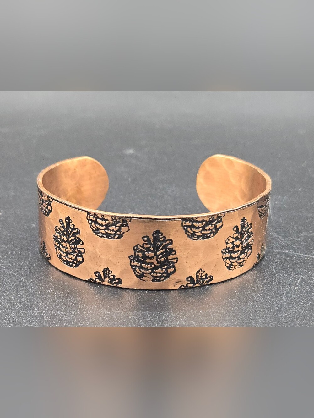 Hammered Etched Copper Cuff Bracelet